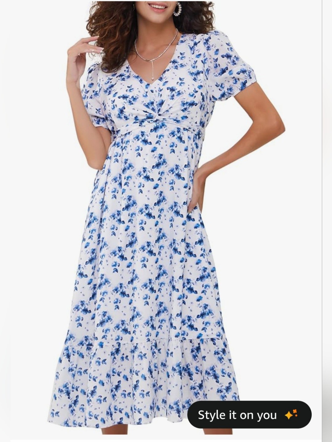 Allovin Floral Lyocell Summer Midi Dress Tie Front/Back Puff Sleeve